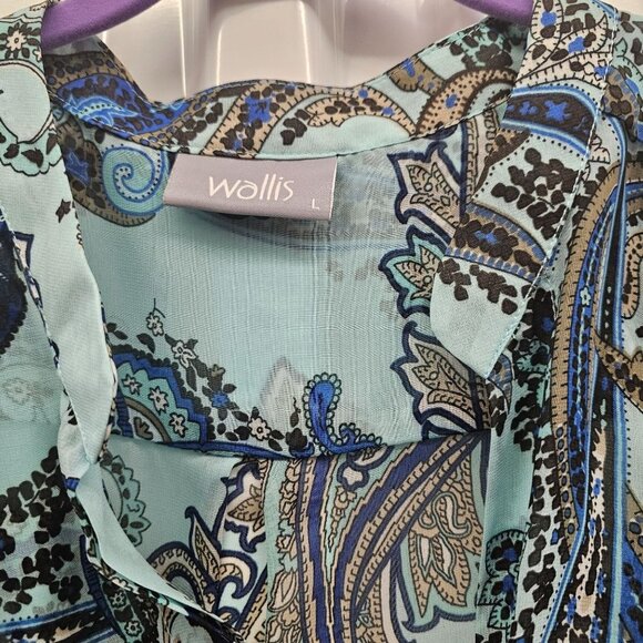 Wallis Blue, Beige, Brown, Off-white ColoredPaisley Sheer Blouse Size L - Picture 7 of 10